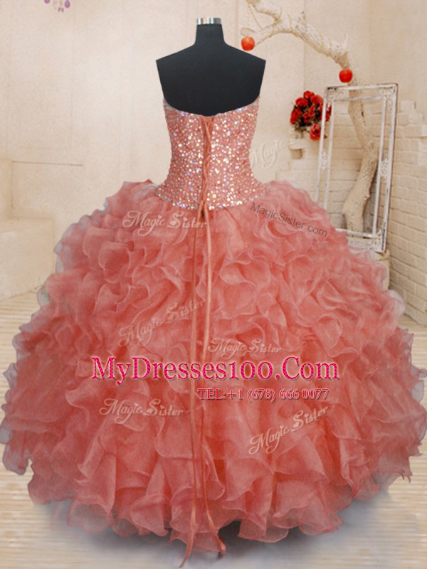 Spectacular Floor Length Watermelon Red Sweet 16 Dresses Organza Sleeveless Beading and Ruffles