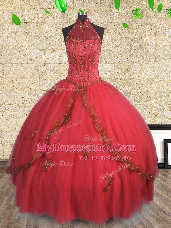 Pretty Ball Gowns Vestidos de Quinceanera Red Halter Top Tulle Sleeveless Floor Length Lace Up