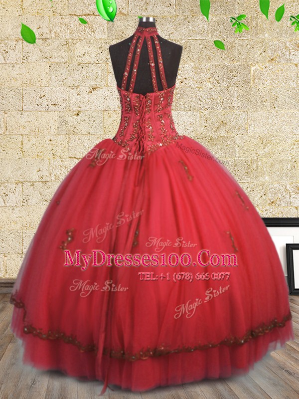 Pretty Ball Gowns Vestidos de Quinceanera Red Halter Top Tulle Sleeveless Floor Length Lace Up