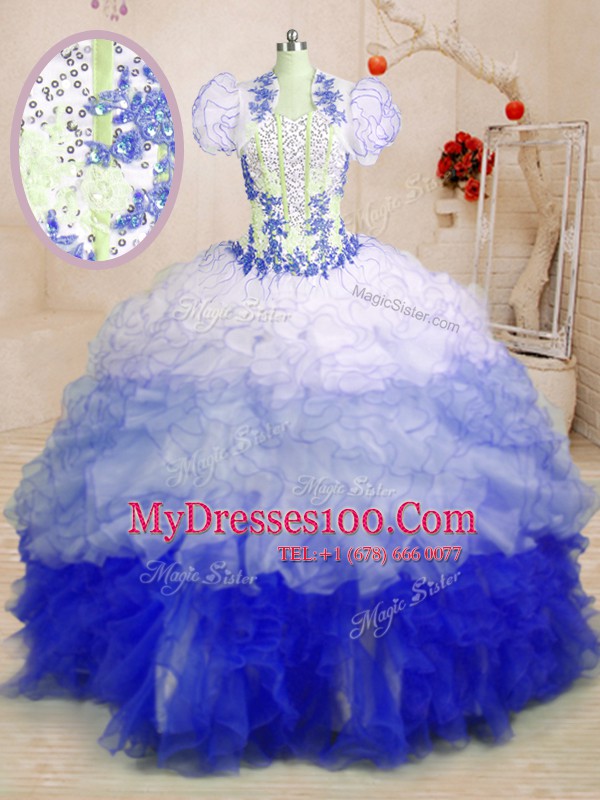 High Class Multi-color Organza Lace Up 15 Quinceanera Dress Sleeveless With Brush Train Beading and Appliques and Ruffles