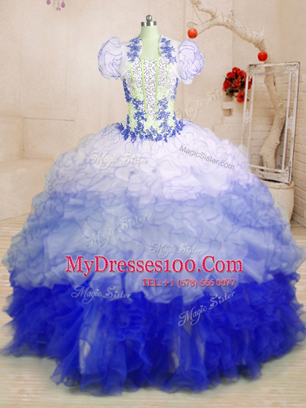 High Class Multi-color Organza Lace Up 15 Quinceanera Dress Sleeveless With Brush Train Beading and Appliques and Ruffles