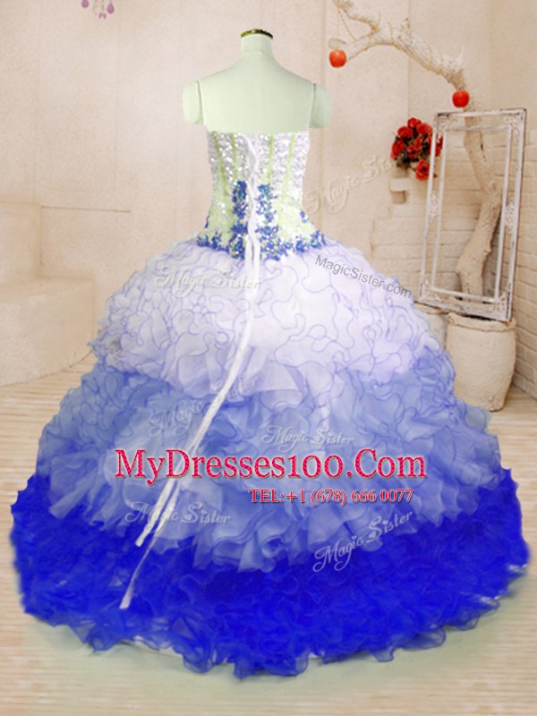 High Class Multi-color Organza Lace Up 15 Quinceanera Dress Sleeveless With Brush Train Beading and Appliques and Ruffles