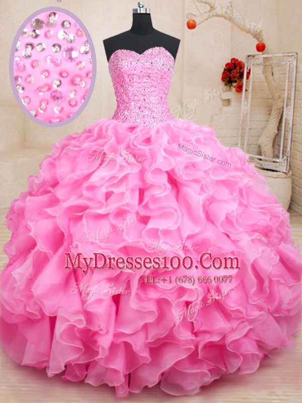 Customized Sleeveless Floor Length Beading and Ruffles Lace Up Quince Ball Gowns with Rose Pink