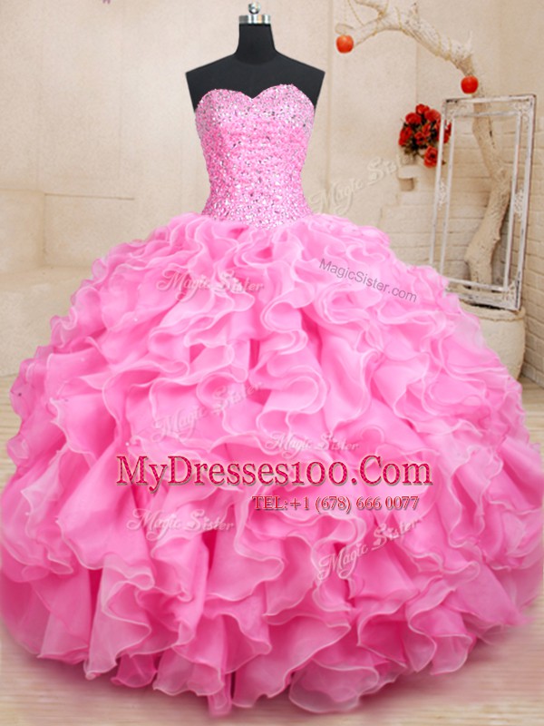 Customized Sleeveless Floor Length Beading and Ruffles Lace Up Quince Ball Gowns with Rose Pink