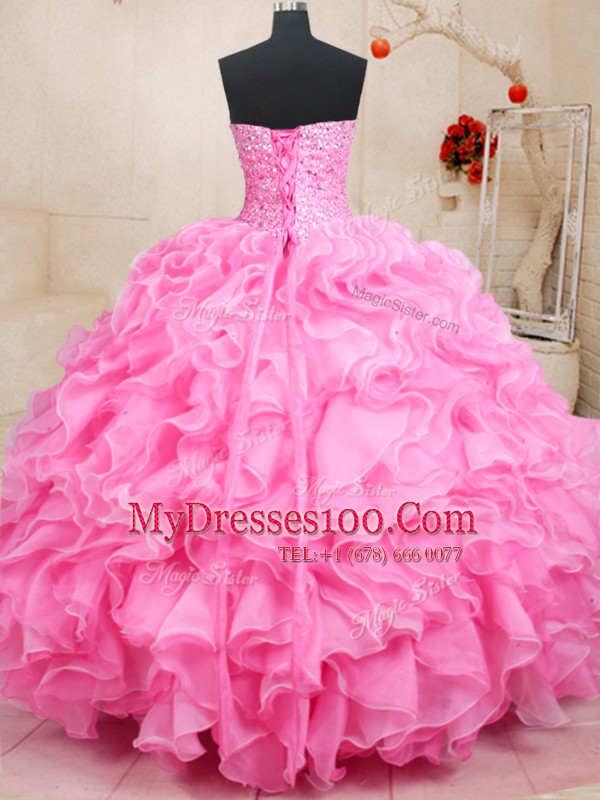 Customized Sleeveless Floor Length Beading and Ruffles Lace Up Quince Ball Gowns with Rose Pink