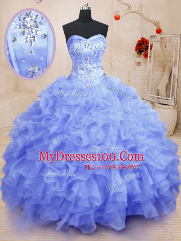 Super Organza Sleeveless Floor Length 15th Birthday Dress and Beading and Ruffles
