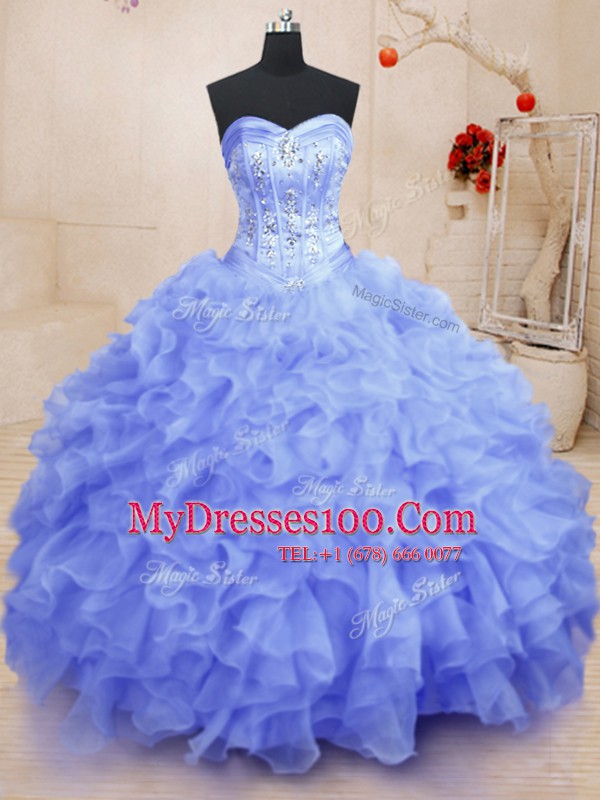 Super Organza Sleeveless Floor Length 15th Birthday Dress and Beading and Ruffles
