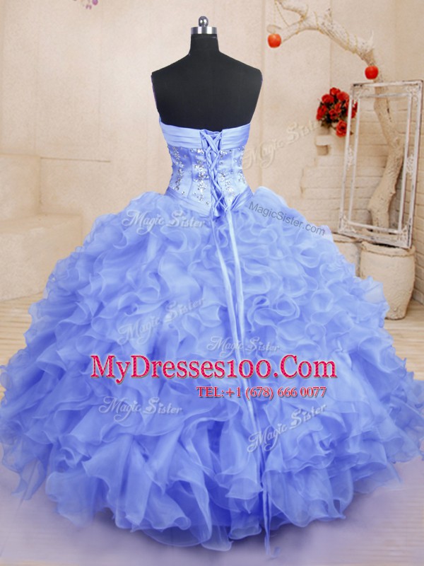 Super Organza Sleeveless Floor Length 15th Birthday Dress and Beading and Ruffles