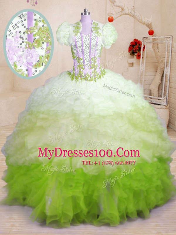 Gorgeous Sleeveless Brush Train Lace Up With Train Beading and Appliques and Ruffles Quinceanera Gown