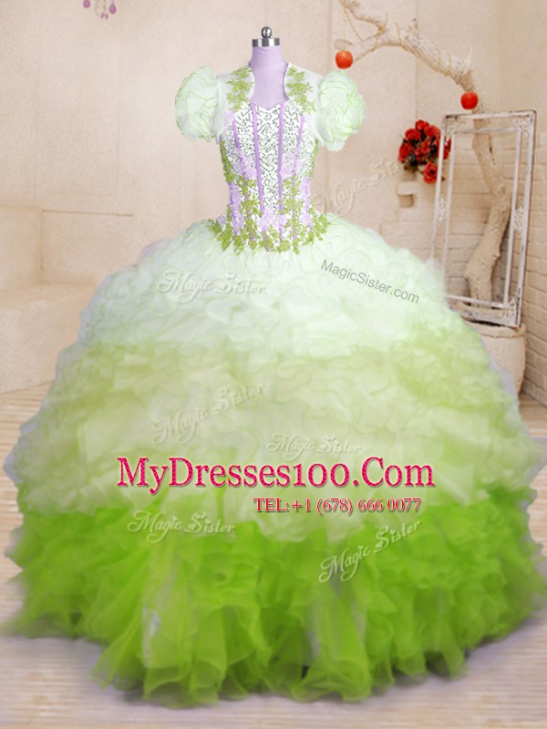 Gorgeous Sleeveless Brush Train Lace Up With Train Beading and Appliques and Ruffles Quinceanera Gown