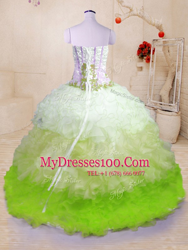 Gorgeous Sleeveless Brush Train Lace Up With Train Beading and Appliques and Ruffles Quinceanera Gown