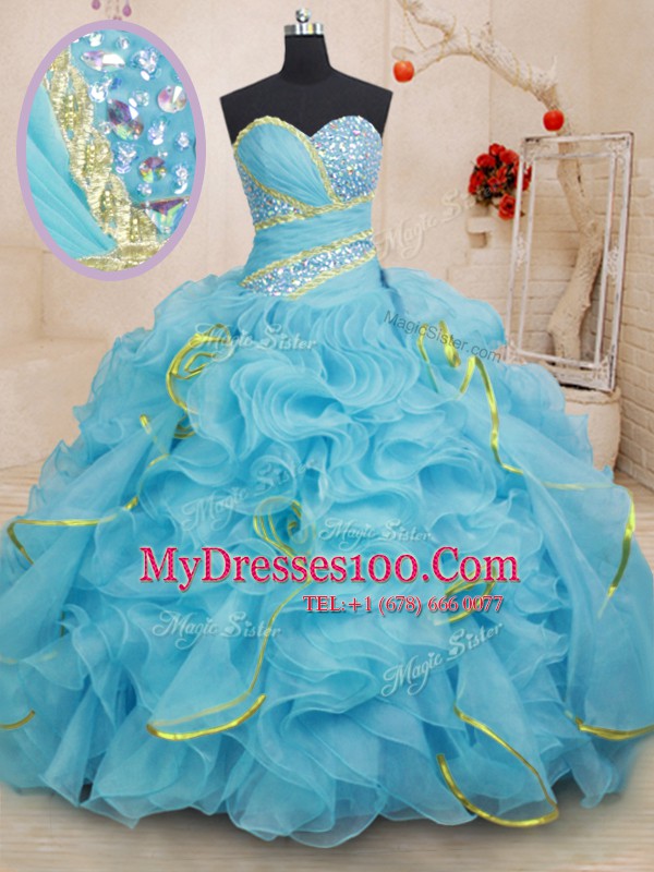 Graceful Baby Blue Ball Gowns Sweetheart Sleeveless Organza With Brush Train Lace Up Beading and Ruffles Vestidos de Quinceanera