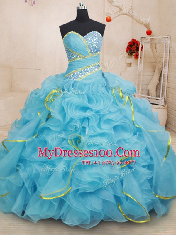 Graceful Baby Blue Ball Gowns Sweetheart Sleeveless Organza With Brush Train Lace Up Beading and Ruffles Vestidos de Quinceanera