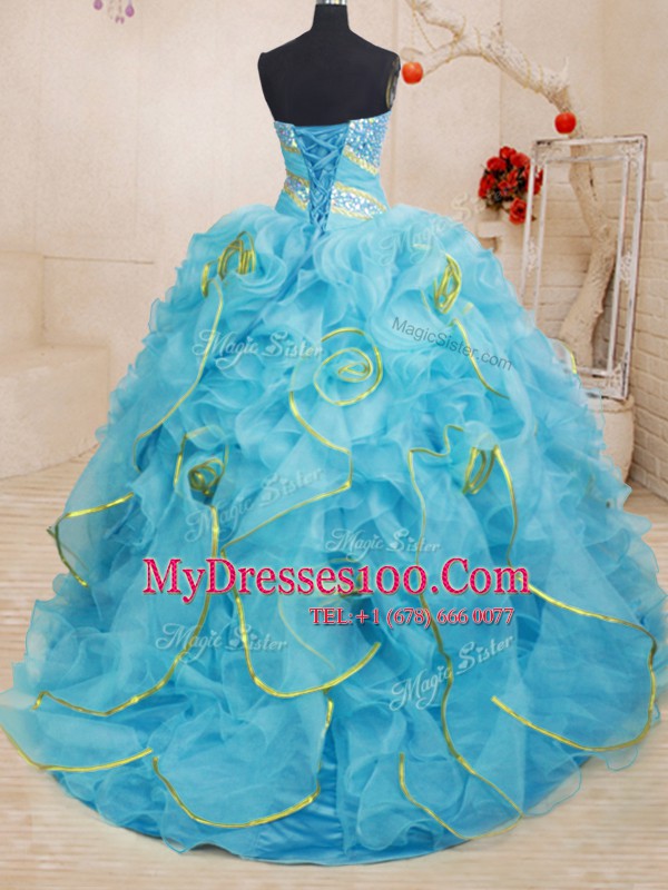 Graceful Baby Blue Ball Gowns Sweetheart Sleeveless Organza With Brush Train Lace Up Beading and Ruffles Vestidos de Quinceanera