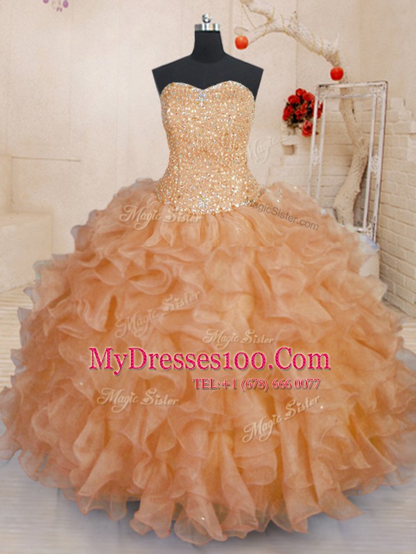 Chic Sweetheart Sleeveless Organza Vestidos de Quinceanera Beading and Ruffles Lace Up
