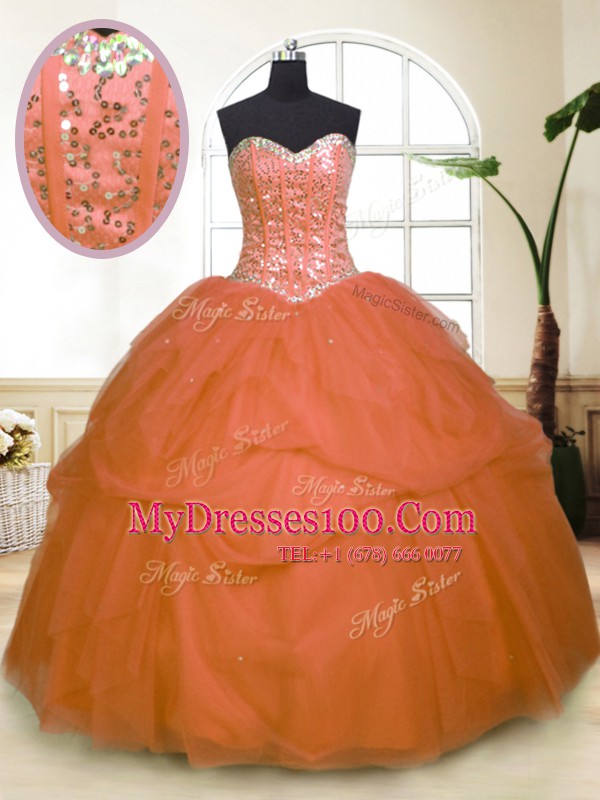 Extravagant Orange Zipper Quinceanera Dresses Sequins and Pick Ups Sleeveless Floor Length