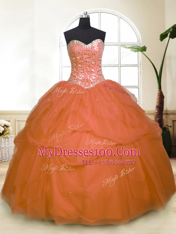 Extravagant Orange Zipper Quinceanera Dresses Sequins and Pick Ups Sleeveless Floor Length