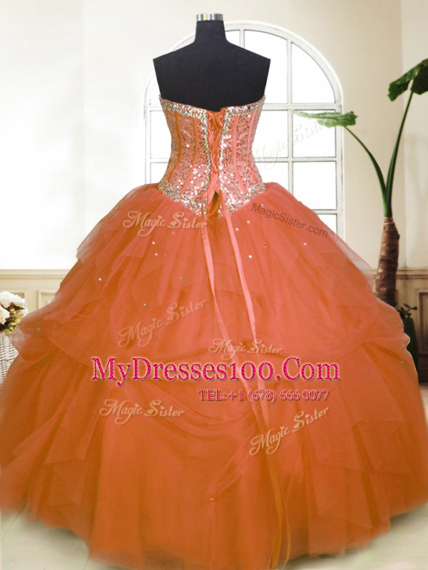 Extravagant Orange Zipper Quinceanera Dresses Sequins and Pick Ups Sleeveless Floor Length