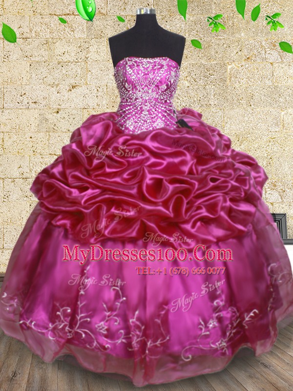 Fuchsia Ball Gowns Beading and Embroidery and Pick Ups Sweet 16 Quinceanera Dress Lace Up Organza Sleeveless Floor Length