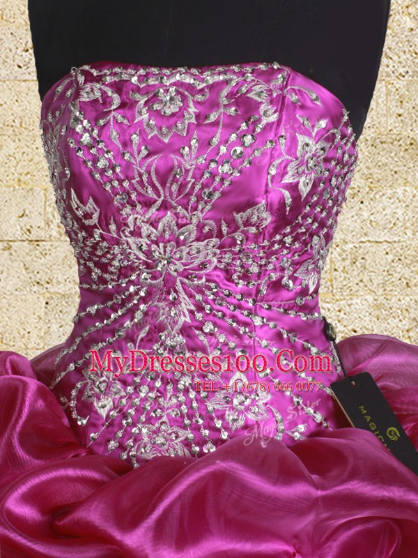 Fuchsia Ball Gowns Beading and Embroidery and Pick Ups Sweet 16 Quinceanera Dress Lace Up Organza Sleeveless Floor Length