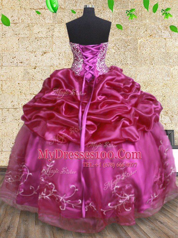 Fuchsia Ball Gowns Beading and Embroidery and Pick Ups Sweet 16 Quinceanera Dress Lace Up Organza Sleeveless Floor Length