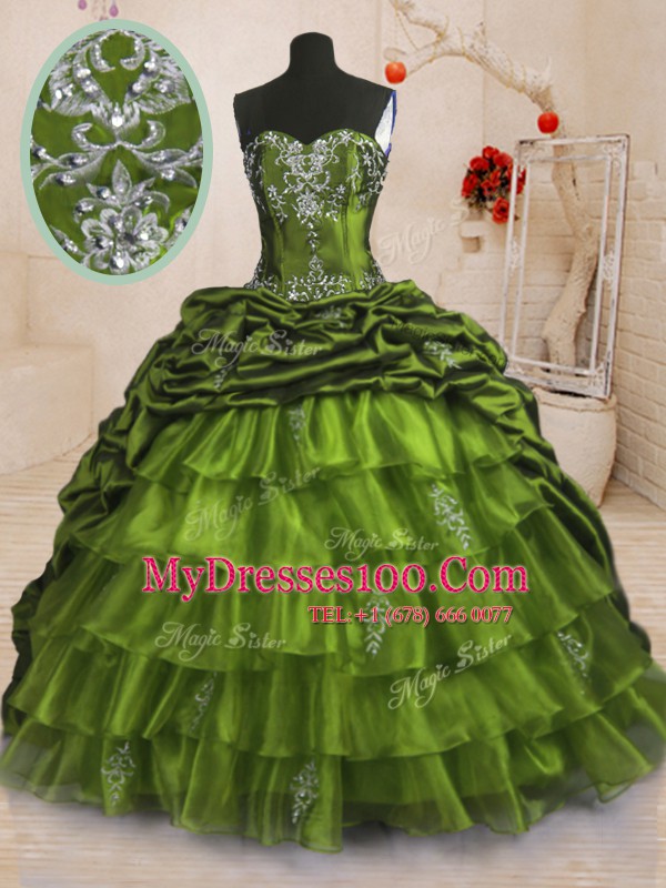 Organza and Taffeta Sweetheart Sleeveless Sweep Train Lace Up Beading and Appliques and Ruffled Layers and Pick Ups 15th Birthday Dress in Olive Green