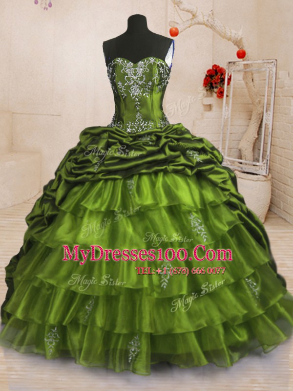 Organza and Taffeta Sweetheart Sleeveless Sweep Train Lace Up Beading and Appliques and Ruffled Layers and Pick Ups 15th Birthday Dress in Olive Green