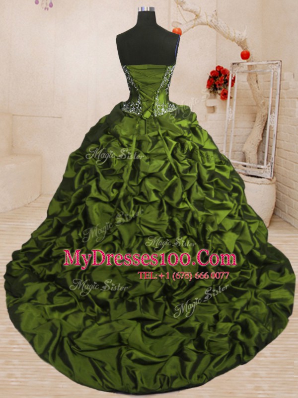 Organza and Taffeta Sweetheart Sleeveless Sweep Train Lace Up Beading and Appliques and Ruffled Layers and Pick Ups 15th Birthday Dress in Olive Green
