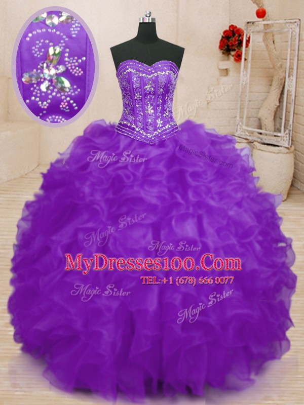 Great Purple Lace Up Sweetheart Beading and Ruffles Sweet 16 Dresses Organza Sleeveless