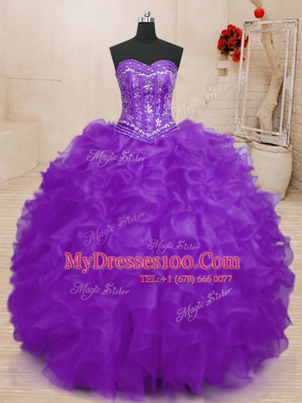 Great Purple Lace Up Sweetheart Beading and Ruffles Sweet 16 Dresses Organza Sleeveless