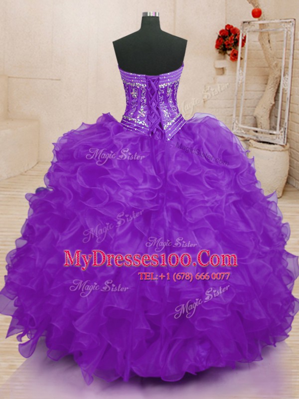 Great Purple Lace Up Sweetheart Beading and Ruffles Sweet 16 Dresses Organza Sleeveless