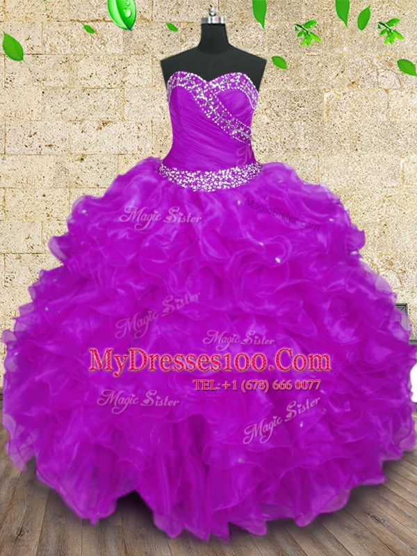 Superior Purple Halter Top Neckline Beading and Ruffles and Ruching Quinceanera Gowns Sleeveless Lace Up