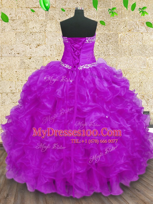 Superior Purple Halter Top Neckline Beading and Ruffles and Ruching Quinceanera Gowns Sleeveless Lace Up