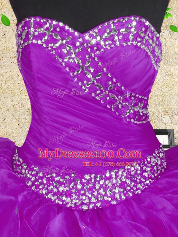 Superior Purple Halter Top Neckline Beading and Ruffles and Ruching Quinceanera Gowns Sleeveless Lace Up