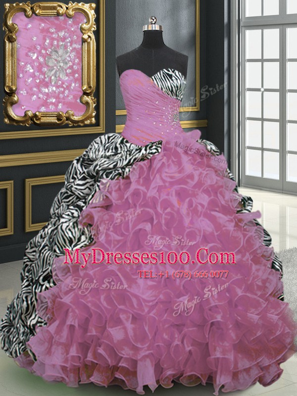 Rose Pink Sleeveless Organza and Printed Brush Train Lace Up Quinceanera Dress for Military Ball and Sweet 16 and Quinceanera