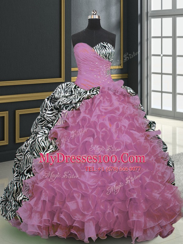 Rose Pink Sleeveless Organza and Printed Brush Train Lace Up Quinceanera Dress for Military Ball and Sweet 16 and Quinceanera