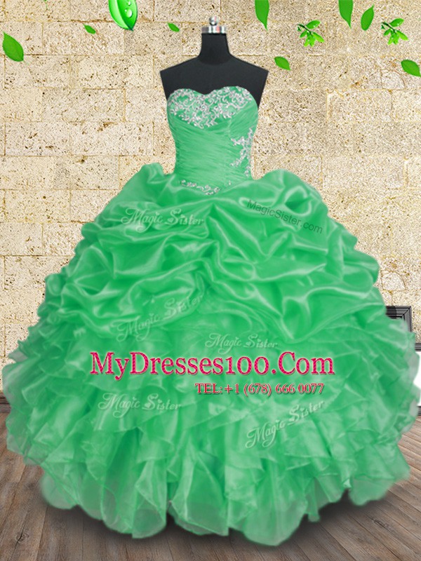 Discount Ball Gowns Quinceanera Dress Green Sweetheart Organza Sleeveless Floor Length Lace Up