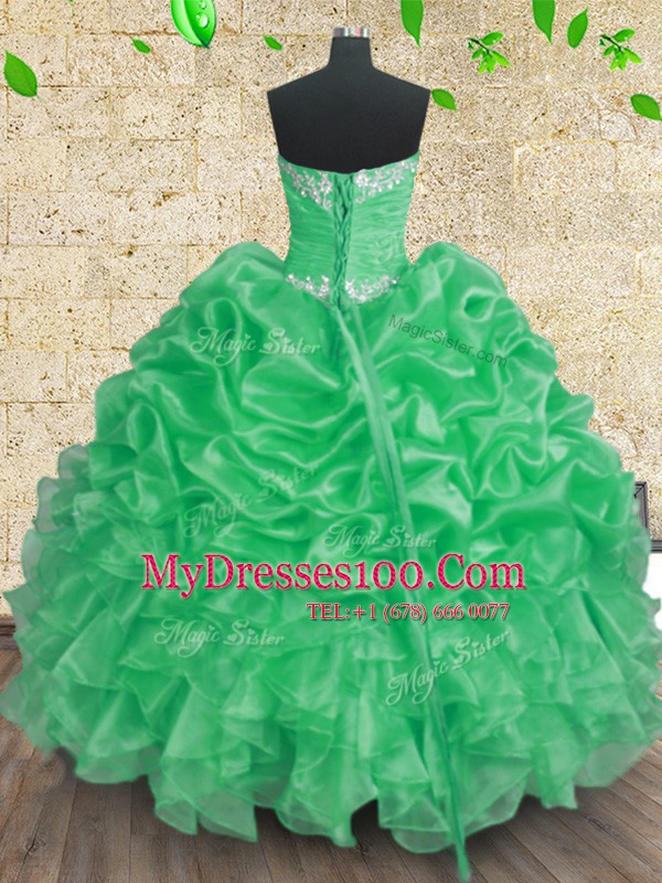 Discount Ball Gowns Quinceanera Dress Green Sweetheart Organza Sleeveless Floor Length Lace Up