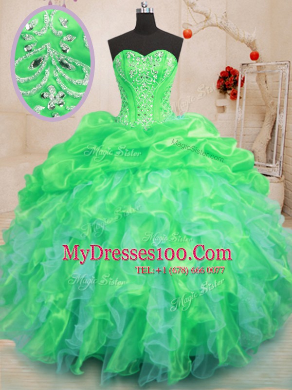 Floor Length Lace Up Sweet 16 Dresses Green for Military Ball and Sweet 16 and Quinceanera with Beading and Ruffles