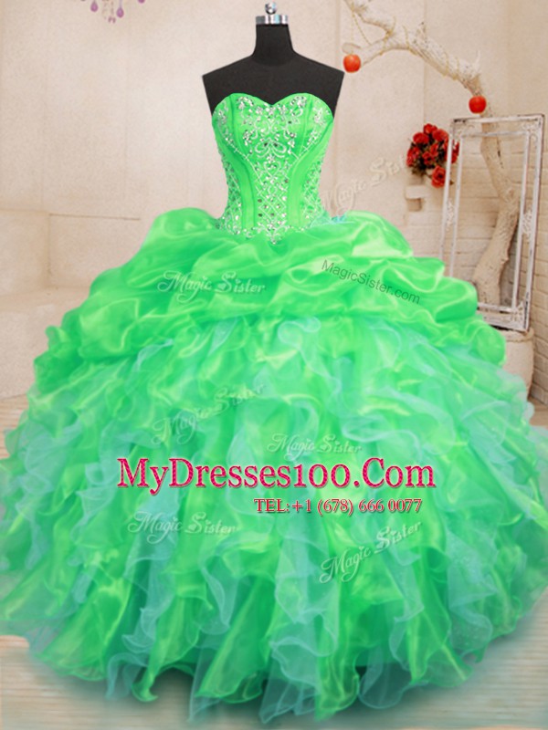 Floor Length Lace Up Sweet 16 Dresses Green for Military Ball and Sweet 16 and Quinceanera with Beading and Ruffles