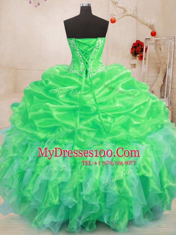 Floor Length Lace Up Sweet 16 Dresses Green for Military Ball and Sweet 16 and Quinceanera with Beading and Ruffles
