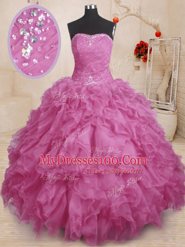 Stunning Sleeveless Floor Length Beading and Ruffles and Ruching Lace Up Sweet 16 Dresses with Fuchsia