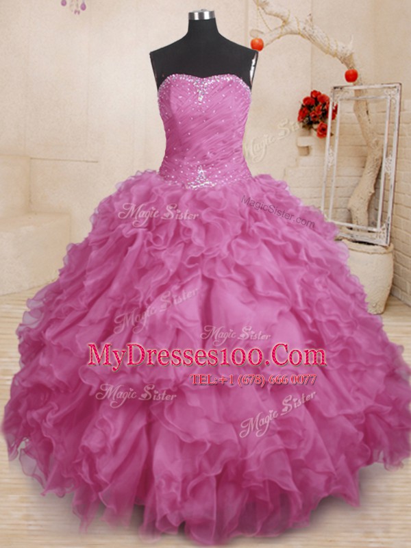 Stunning Sleeveless Floor Length Beading and Ruffles and Ruching Lace Up Sweet 16 Dresses with Fuchsia