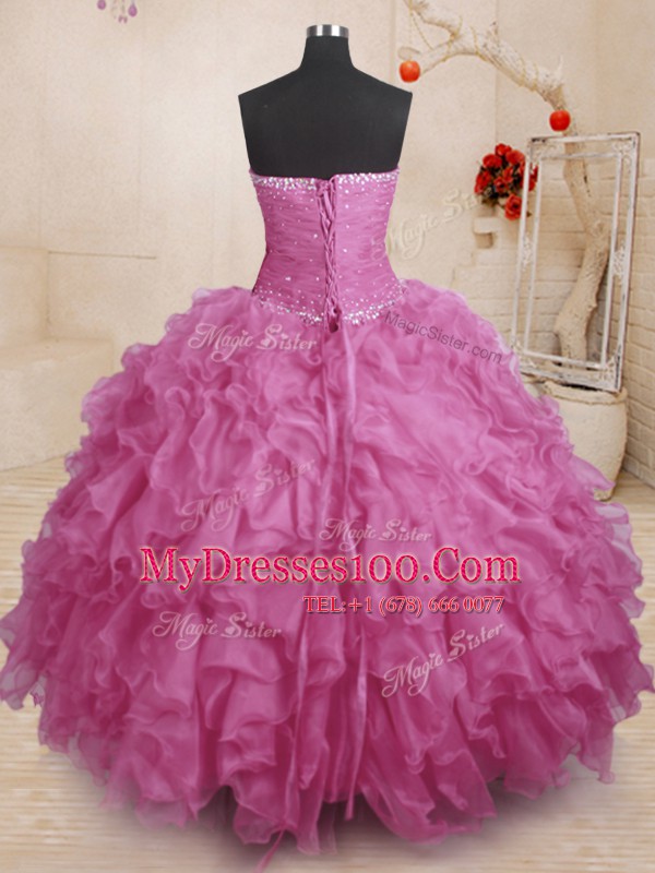 Stunning Sleeveless Floor Length Beading and Ruffles and Ruching Lace Up Sweet 16 Dresses with Fuchsia