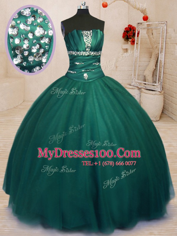Edgy Dark Green Sleeveless Beading Floor Length Sweet 16 Quinceanera Dress