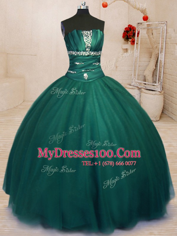 Edgy Dark Green Sleeveless Beading Floor Length Sweet 16 Quinceanera Dress