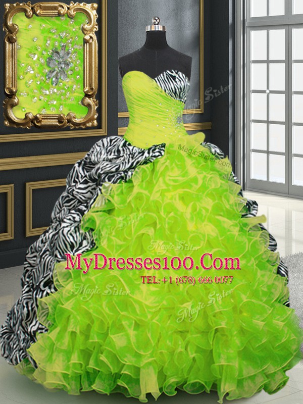 High Class Printed Sleeveless With Train Beading and Ruffles and Pattern Lace Up Sweet 16 Quinceanera Dress with Yellow Green Brush Train