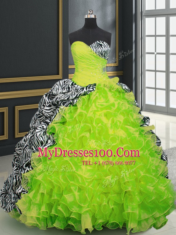 High Class Printed Sleeveless With Train Beading and Ruffles and Pattern Lace Up Sweet 16 Quinceanera Dress with Yellow Green Brush Train