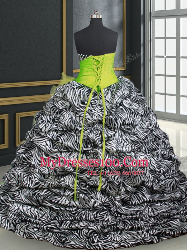 High Class Printed Sleeveless With Train Beading and Ruffles and Pattern Lace Up Sweet 16 Quinceanera Dress with Yellow Green Brush Train