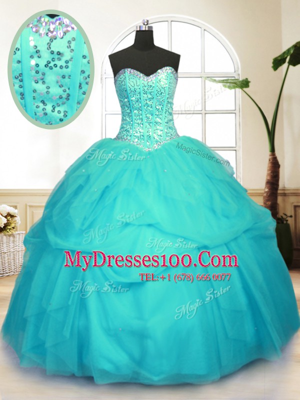 Fine Sequins Pick Ups Sweetheart Sleeveless Lace Up Sweet 16 Dress Aqua Blue Tulle